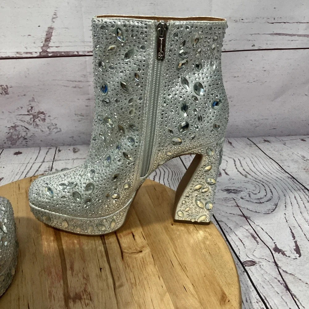 Jessica‎ Simpson Rhinestone Platform Ankle Boots Silver Crystal Womens 9 NWOB